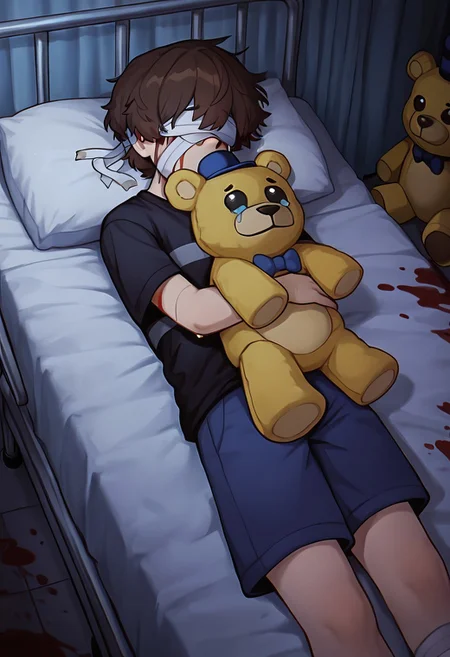 masterpiece, best quality, amazing quality, very aesthetic, absurdres, newest, detailed background, foreground blur, (( cartoon, )),
cryingchil, short hair, brown hair, black shirt, 1boy, short sleeves, striped shirt, navy blue shorts, crying, tears, blue tears, yellow stuffed bear toy,
bandages over head, bandages on head, in hospital, bandages over eyes, blood, bleeding, bloody plushie, in bed, laying in medical bed,