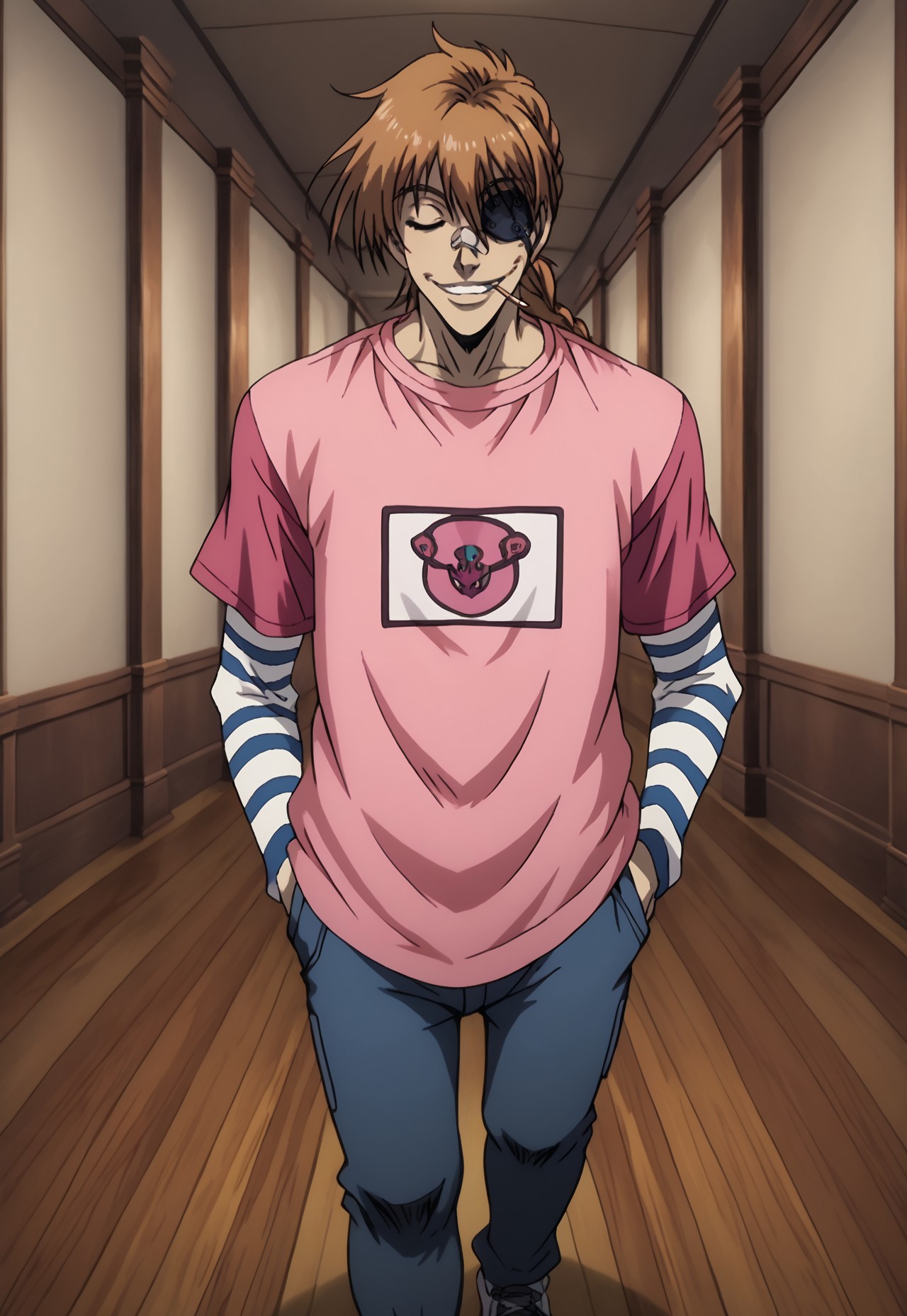 score_9, score_8_up, score_7_up, masterpiece, best quality, amazing quality, very aesthetic, absurdres, full body, PipBernadotte, 1boy, solo, male focus, orange hair, braided ponytail, dark skin, closed eyes, black eyepatch, bandaid on nose, PinkPip, pink shirt, print shirt, short over long sleeves, layered sleeves, diagonal-striped shirt, blue stripes, jeans, sneakers, indoors, grin, walking, hands in pockets, cigarette, mouth hold, perspective,