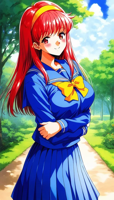score_9, score_8_up, score_7_up, source_anime, rating_explicit, BREAK <lora:Fujisaki_Shiori_XL:1> FujisakiShiori, long hair, Yellow hairband, red hair, red eyes, large breasts,
1girl, solo, school uniform, skirt, blue serafuku, long sleeves, blue skirt, blue long sleeve,
yellow bow, pleated skirt, bow, blue sailor collar,
outdoor, sky, tree, smile,
looking at viewer, blush,