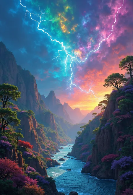 In a world where colors are alive and possess consciousness, entire ecosystems thrive through the dynamic interaction of hues and shades, creating a mesmerizing Symphony of Living Colors. The verdant green forests pulse with vibrant energy, their leaves harmonizing in melodies of growth and life. In contrast, the electric blues crackle with raw power, creating storms of living lightning that dance across the skies, illuminating the land below with bolts of conscious energy. These living colors are not just part of the environment but are intertwined with the people, known as color-benders, who can manipulate and shape the hues around them with their thoughts.
Cities in this world are living, breathing entities, with walls that shift and morph in response to emotions. These cities glow with an ever-changing palette of feelings, where sadness brings deep blues and purples, while joy sets the buildings alight with bright yellows and oranges. Rivers of liquid gold flow through the heart of these cities, shimmering beneath bridges made of sparkling silver, their surfaces alive with flickers of sentient light. The color-benders harness this living spectrum, shaping it into tools, homes, and even creating entire landscapes. The most skilled among them can summon mighty colorstorms, torrents of living, sentient color that sweep across the land and reshape both the terrain and the skies, painting the world in vibrant, unpredictable new forms.
At the core of the planet lies the Heart of the Spectrum, the entity that governs the balance of all colors in the world. It is a living embodiment of the spectrum, pulsating with every hue and shade in existence, maintaining equilibrium. Once in a lifetime, the most courageous color-benders embark on a sacred pilgrimage to seek its wisdom, hoping to gain insight into the mysteries of the living colors. This journey is fraught with peril, as the balance of colors is delicate, and those who disturb it risk unleashing chaos upon the world. Yet, for those who succeed, the Heart grants them profound knowledge and the power to shape the future of their vibrant, living world.