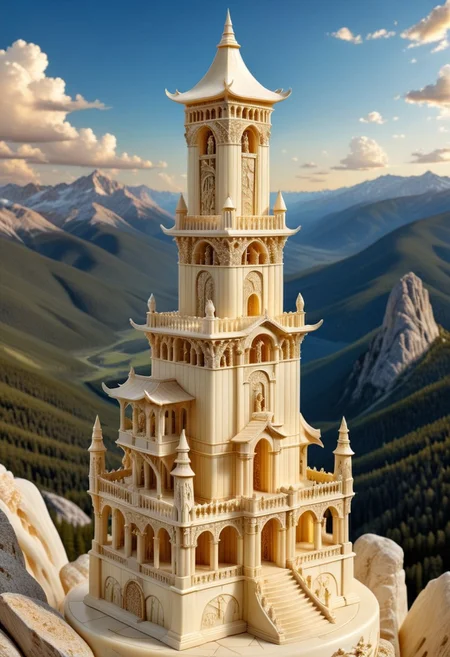 masterpiece, best quality, golden ratio, ancient magic ivory tower made out of ivory with mystical symbols,  rocky mountains, cinematic lighting, fantasy realism, cream down, evening, ray tracing