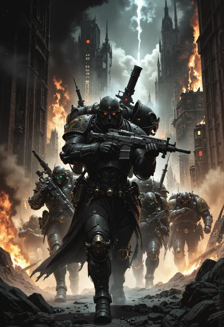 analog film photo . Frank Frazetta fantasy oil painting (art by Zdzislaw Beksinski:2), a hero squad, defense line, giant weapons, taking aim, ready to shot. walking towards viewer, burning city. grimdark, mythp0rt, FredFraiStyle <lora:- Flux1 - vanta_black_V1.0.safetensors:0.5>, <lora:FluxMythP0rtr4itStyle.safetensors:0.76>, <lora:FredFraiStyle-FLUX-Share.safetensors:0.75>, <lora:Warhammer_Rogue_Trader_Style_flux-000021.safetensors:0.5>, <lora:ARTifacts.safetensors:0.5>, <lora:Movie_Portrait.safetensors:0.5>, <lora:m100-style_v.02.safetensors:0.25>, <lora:frazetta_flux_v2-000150.safetensors:0.5>, . faded film, desaturated, 35mm photo, grainy, vignette, vintage, Kodachrome, Lomography, stained, highly detailed, found footage