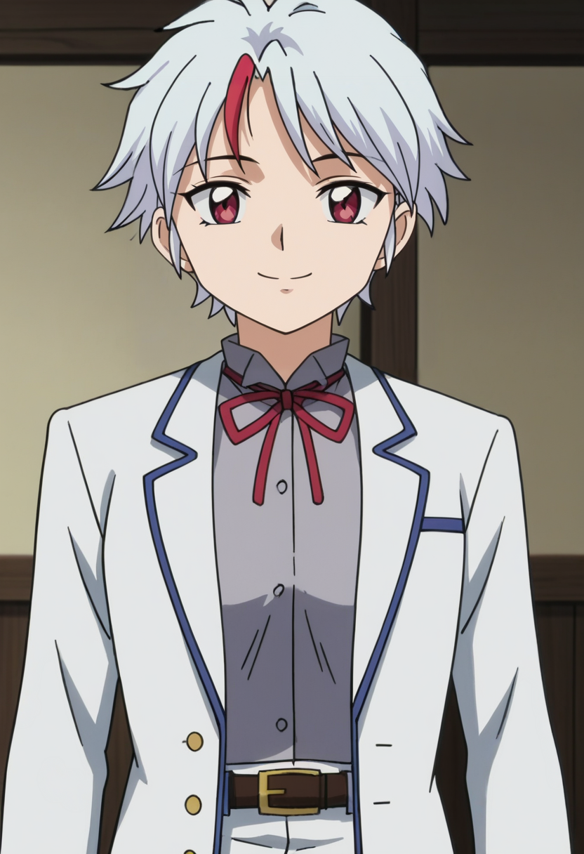 source_anime,anime screencap, anime coloring,intricate details,rating_safe, masterpiece, best quality,
(best quality, absurd res, ultra detailed),,(4 finger:0.5),1girl, ((solo)), good eyes,perfect eyes,,detailed eyes, zPDXLxxx , zPDXL3, OverallDetail,detailed, detailed face
BREAK
solo,indoors,standing,front view,
towa, 1girl, red eyes, short hair, white jacket, grey shirt, long sleeves, white pants, belt, multi-colored hair, streaked hair, white hair, 
smile
, <lora:add-detail-xl:5>  <lora:Towa_Inuyasha_-_Yashahime:0.8>