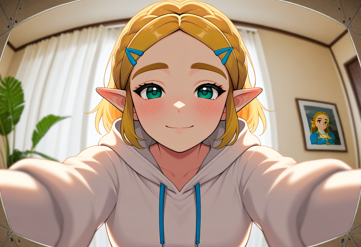 masterpiece, absurdres, high quality,re4lity_sync_illu, 1girl, (princess zelda:1.2), the legend of zelda: breath of the wild, incredibly absurdres, , <lora:re4lity:1>, smile, blush, bangs, looking at viewer, hood down, indoors, hair ornament, plant, white hoodie, long sleeves, fisheye, photo background, (blurry edges:1.3), zoomed in, close up, comboy shot
