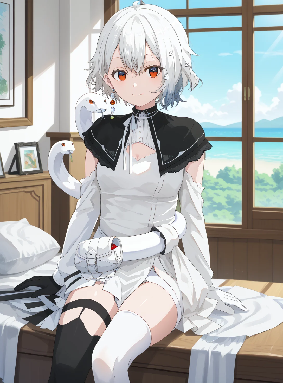 score_9, solo, 1girl,bright colors,day, anime screenshot,
shirona shizuku,1girl, solo, white dress, black capelet, white snake,asymmetrical gloves,standing, Single earring,asymmetrical thighhighs, hand up, White sleeves,
indoors, looking at viewer,sitting, bedroom,smile, <lora:ç½é£ããã_Shirona_Shizuku__ããªãã«ã_Neo-Porte_Vtuber-000012:1> <lora:Anime_Screencap:1>