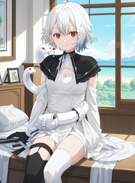 score_9, solo, 1girl,bright colors,day, anime screenshot,
shirona shizuku,1girl, solo, white dress, black capelet, white snake,asymmetrical gloves,standing, Single earring,asymmetrical thighhighs, hand up, White sleeves,
indoors, looking at viewer,sitting, bedroom,smile, <lora:ç½é£ããã_Shirona_Shizuku__ããªãã«ã_Neo-Porte_Vtuber-000012:1> <lora:Anime_Screencap:1>