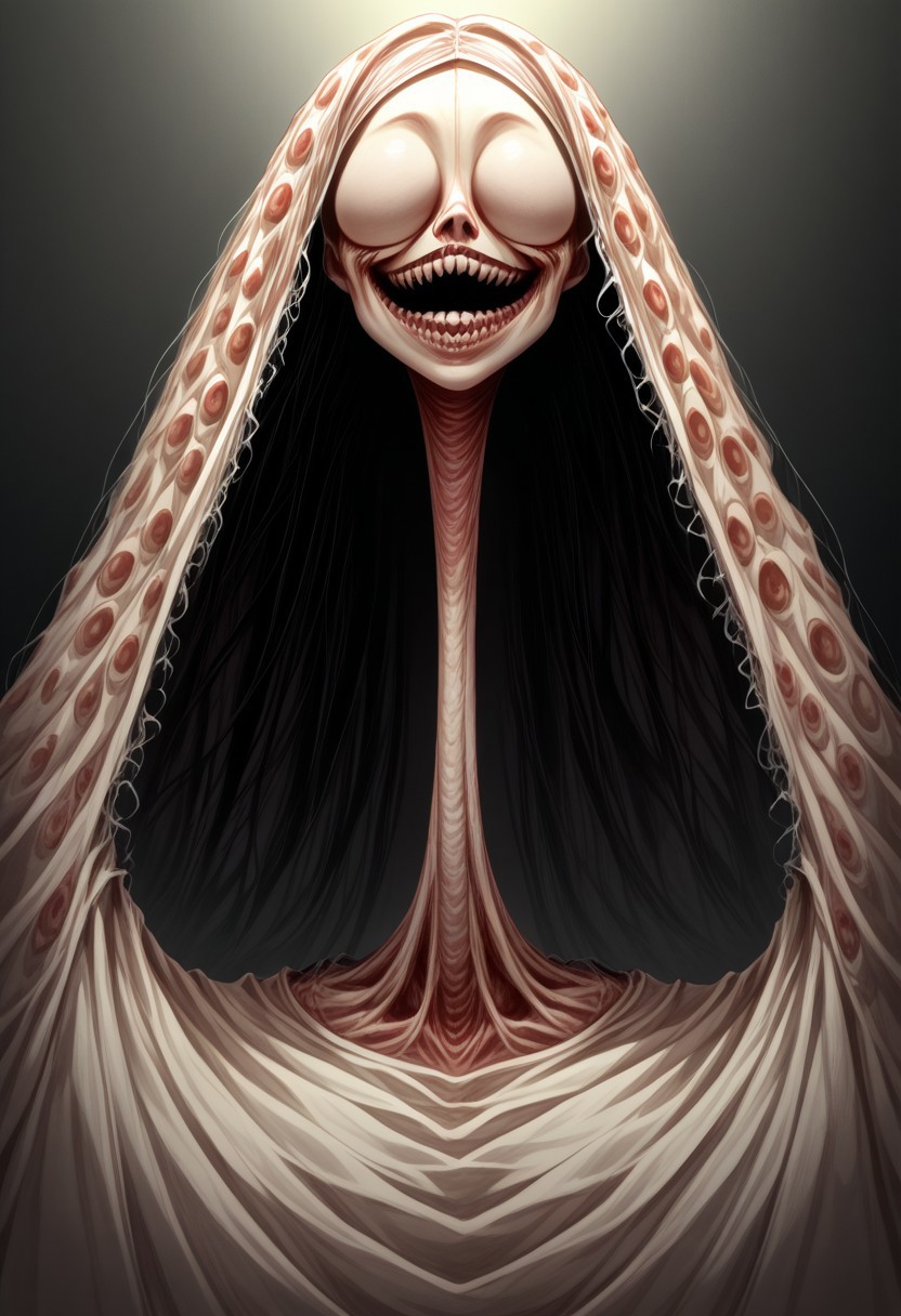 score_9, score_8_up, score_7_up, source_anime, solo, Nightmarish Jessica Rabbit, (looking towards the viewer, face view, close up face, head shot, face portrait:1.4), (long arms, long legs, long neck, horror, no eyes, no face, large mouth, creepy smile, skinny, bones, Victorian gown:1.5), close face view, (indirect lighting, dynamic lighting:1.4), simple background, (detailed image, high resolution, 5k resolution:1.0), VikingAnime, (horror Art Style:1.2)
