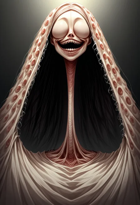 score_9, score_8_up, score_7_up, source_anime, solo, Nightmarish Jessica Rabbit, (looking towards the viewer, face view, close up face, head shot, face portrait:1.4), (long arms, long legs, long neck, horror, no eyes, no face, large mouth, creepy smile, skinny, bones, Victorian gown:1.5), close face view, (indirect lighting, dynamic lighting:1.4), simple background, (detailed image, high resolution, 5k resolution:1.0), VikingAnime, (horror Art Style:1.2)