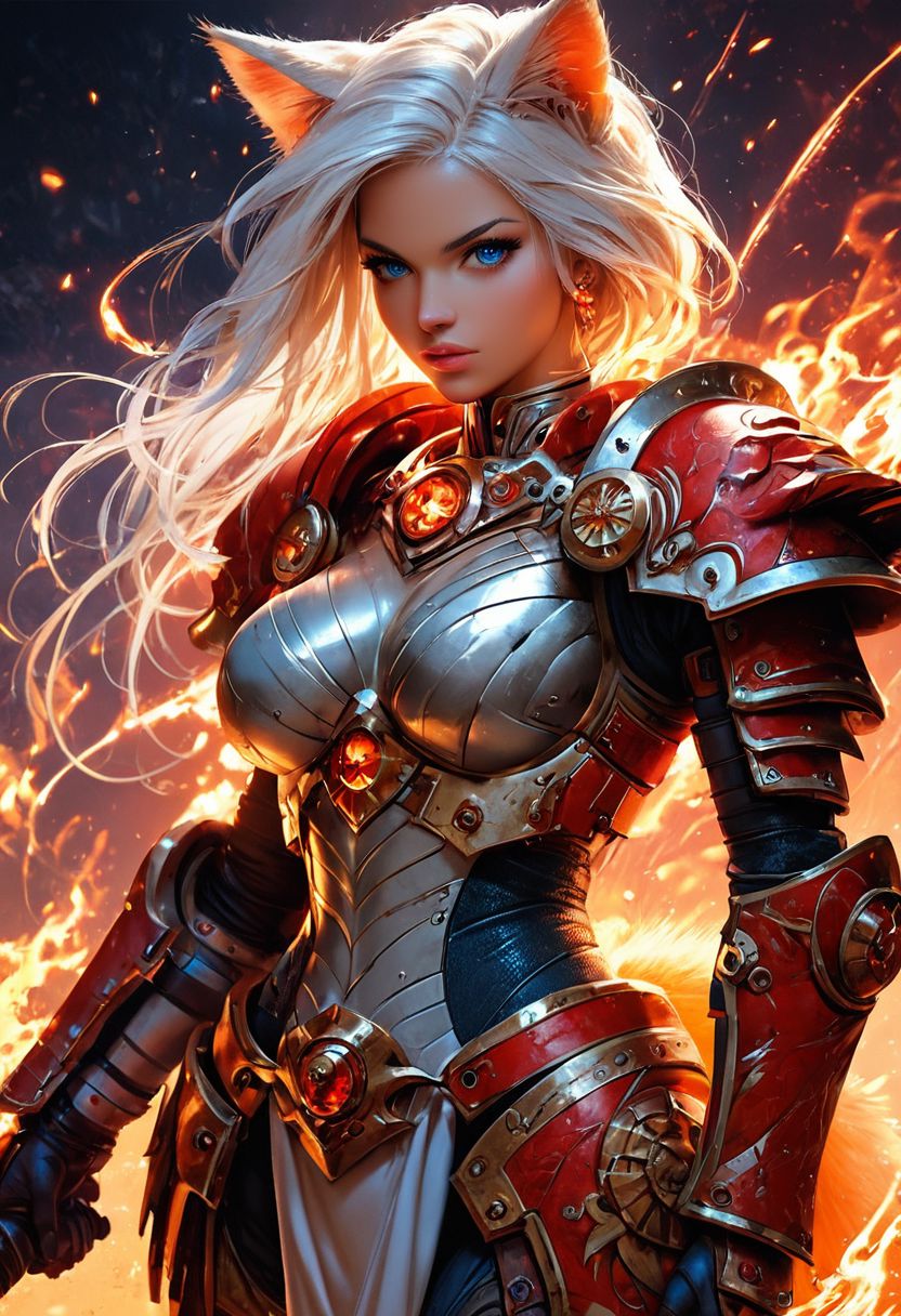 score_9, score_8_up, score_7_up,Score_9, Score_8_up, Score_7_up, hyper detailed, hyper realistic, 8k, high quality, high resolution, best quality, absurd resolution, natural lighting,<lora:EpicF1reP0ny:0.8>, 1 foxgirl,  fox ears, fox tail with flames,armor, big breast, sword  , solo, shoulder armor, blue eyes, pauldrons, white hair, looking at viewer, power armor, fire, HD, high detail, 8k, < lora: pony /twilight_style : 0.8 > concept art, realistic <lora:pony/expressionh:0.8 >,