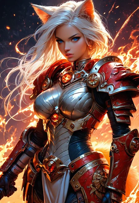 score_9, score_8_up, score_7_up,Score_9, Score_8_up, Score_7_up, hyper detailed, hyper realistic, 8k, high quality, high resolution, best quality, absurd resolution, natural lighting,<lora:EpicF1reP0ny:0.8>, 1 foxgirl, fox ears, fox tail with flames,armor, big breast, sword , solo, shoulder armor, blue eyes, pauldrons, white hair, looking at viewer, power armor, fire, HD, high detail, 8k, < lora: pony /twilight_style : 0.8 > concept art, realistic <lora:pony/expressionh:0.8 >,