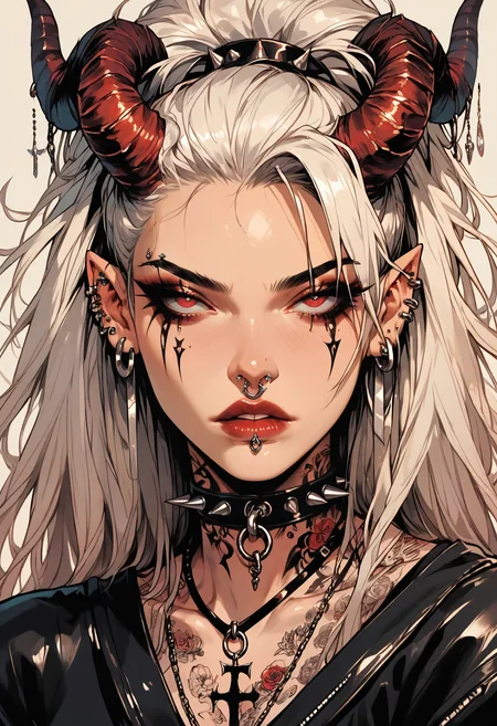 score_9, score_8_up, score_7_up score_9, score_8_up, score_7_up, score_6_up, score_5_up, score_4_up,
<lora:GothGirlAestheticV5-000015:1> g0th,
1girl, pointy ears, piercing, solo, spikes, jewelry, earrings, ear piercing, eyebrow piercing, long hair, red eyes, looking at viewer, spot color, lip piercing, horns, nose piercing, leather, nose ring, makeup, collar, tattoo, upper body, parted lips