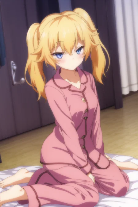 1girl, blonde hair, twintails, pajamas,