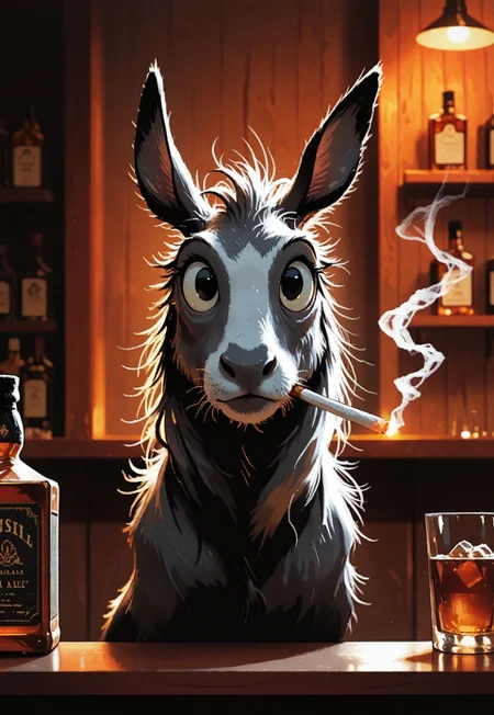 a whimsical donkey smoking a cigarette,  counter, bar, glass, whisky, animal focus, no humans, indoors, dim light, straight on, portrait, depth of field, photo \(medium\), scenery, volumetric lighting, masterpiece, best quality, good quality, very awa, very aesthetic, absurdres, newest, opill