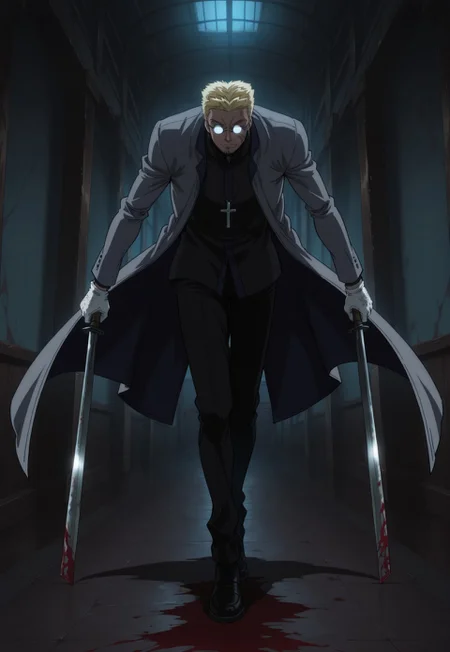 masterpiece, best quality, very aesthetic,
AlexanderAnderson, 1boy, solo, blonde hair, short hair, facial hair, green eyes, partially opaque glasses, glasses, scar on cheek, cross necklace, grey coat, black jacket, white gloves, black pants, black shoes, full body, holding, holding weapon, bayonet, dual wielding, perspective, dark, night, indoors, blood splatter,