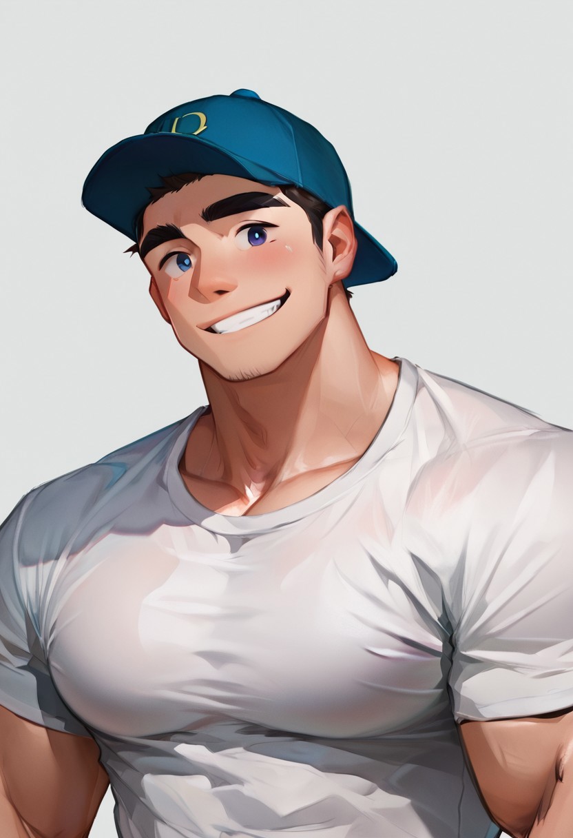 score_9, score_8, score_7_up, bara, male focus, bara
1 male muscular, handsome, large pectoral, white shirt, large pectoral, hat, smile, blush, portrait