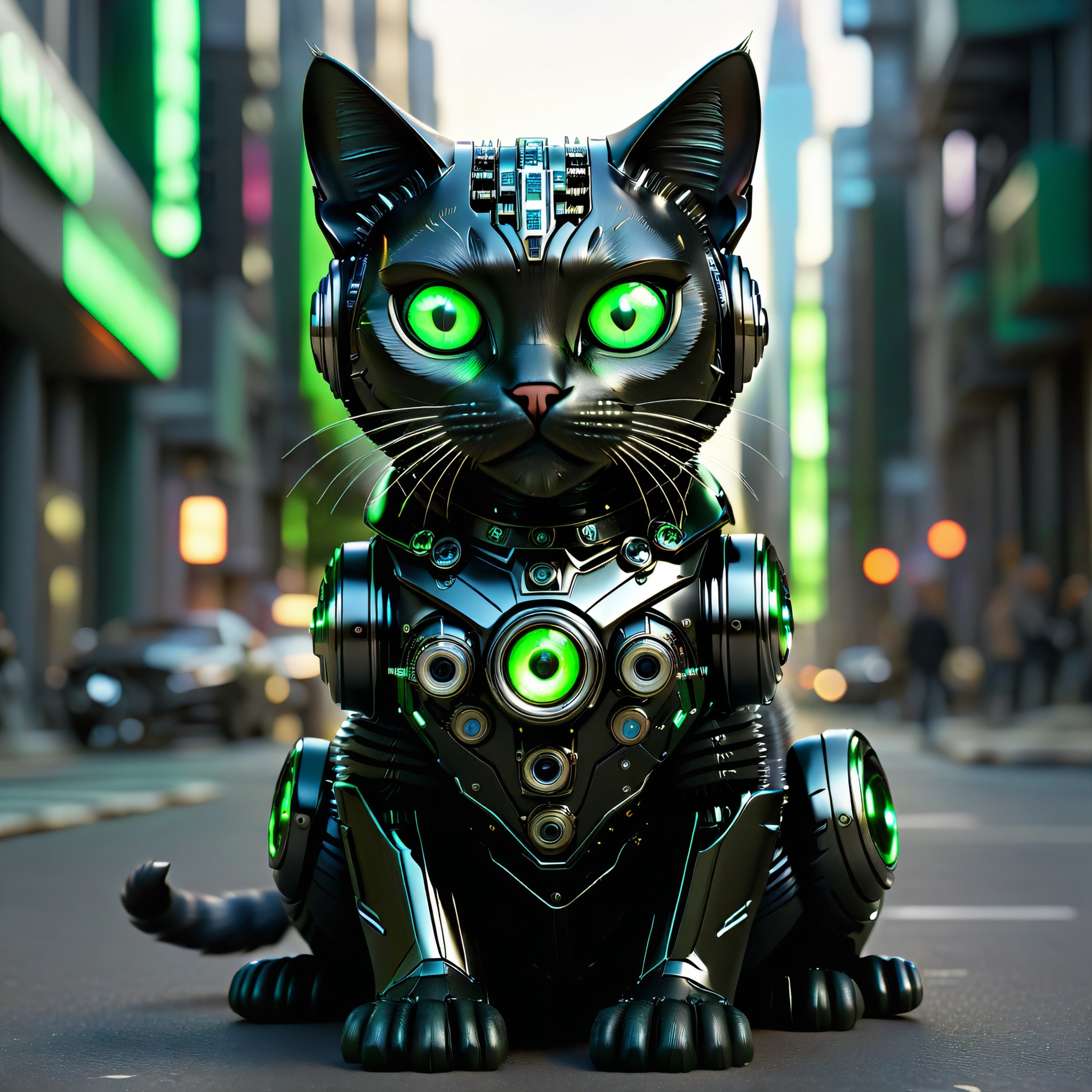 sitting hybrid full bio-mechanical cat with black metallic fur and green glowing camera eyes in the streets in a futuristic mega city on a generation spacecraft