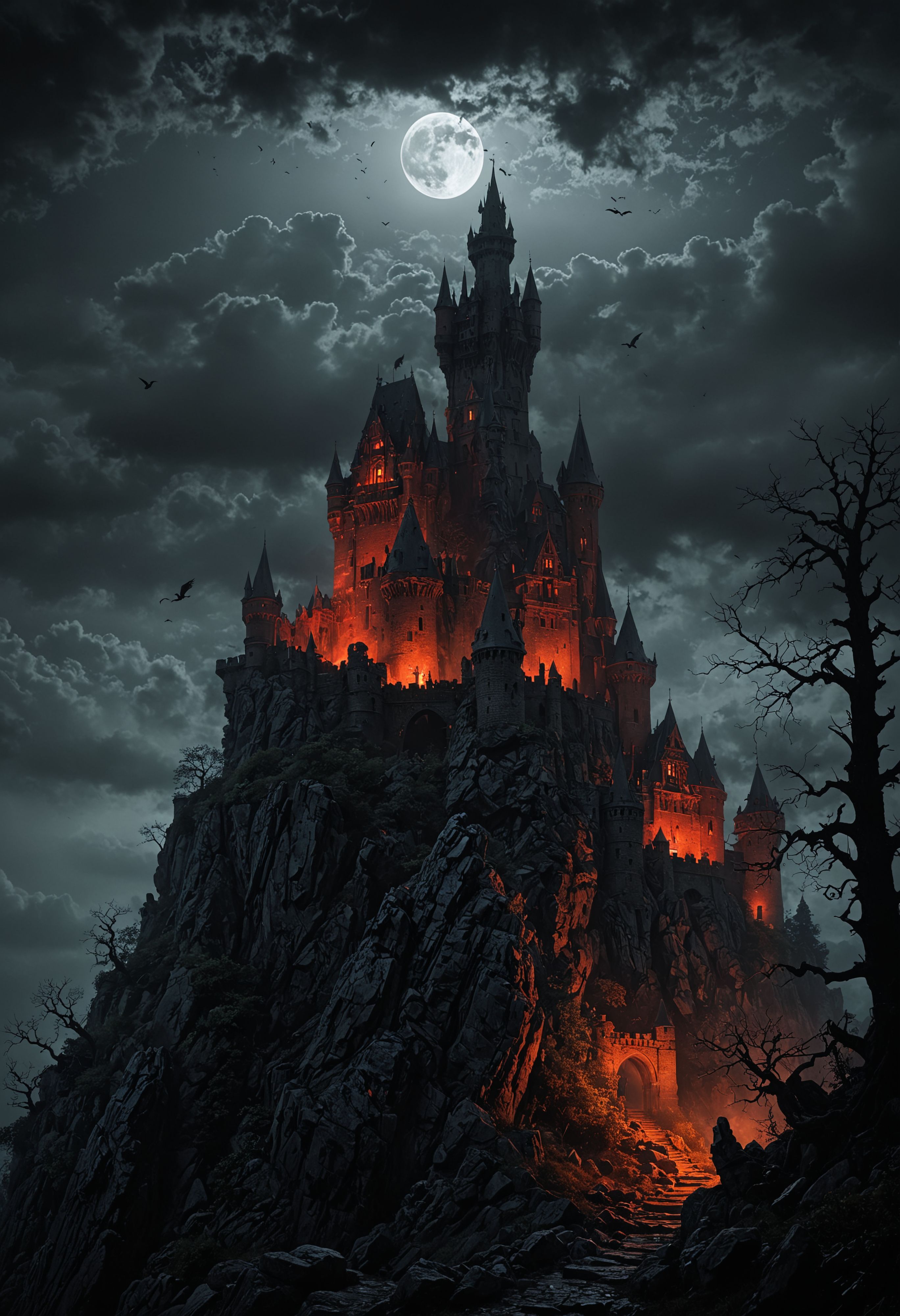 eerie glowmoonlight casting shadows, ominous red light, thunderstorm <lora:DetailMaximizer:1>
The air is thick with a mysterious fog, dark, gothic horror ((Dracula Castle)) perched menacingly atop a craggy mountain peak, piercing a dramatic, cloud-filled sky and shadows move subtly as if haunted. (((Gothic architecture))), skeletal trees, and swirling ((carrion crows)) complete the scene. Deep chasms and mist-shrouded valleys surround the castle, (isolation, dread)+++. Hero view, -15° upward angle (view:1.6), [bright colors:0.6], by Gustave Doré, [photorealistic:0.8]., (masterpiece, award winning artwork) many details, extreme detailed, full of details, Wide range of colors, high Dynamic <lora:add-detail-xl:1> <lora:WildcardX-XL-Detail-Enhancer:0.9> <lora:SDXLFaeTastic2400:0.085> <lora:MJ52:0.185> <lora:sinfully_stylish_SDKL:0.11> <lora:casting shadow style v2:0.1> <lora:CinematicStyle_v1:0.42> casting shadow style, cucoloris patterned illumination