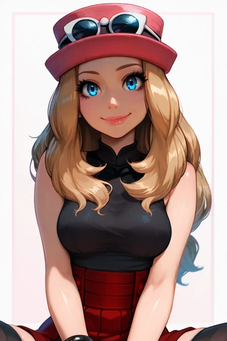 masterpiece, best quality, 1girl, solo, beautiful eyes, zzSerena, solo, long hair, blue eyes, eyewear on headwear, pink headwear, eyelashes, sleeveless shirt, black shirt, bracelet, high-waist skirt, red skirt, black thighhighs, <lora:SerenaPokemonIXL_v2:1.0>, <lora:IncaseIXL_v1:1.0>, lips, upper body, smile, looking at viewer, shiny skin,