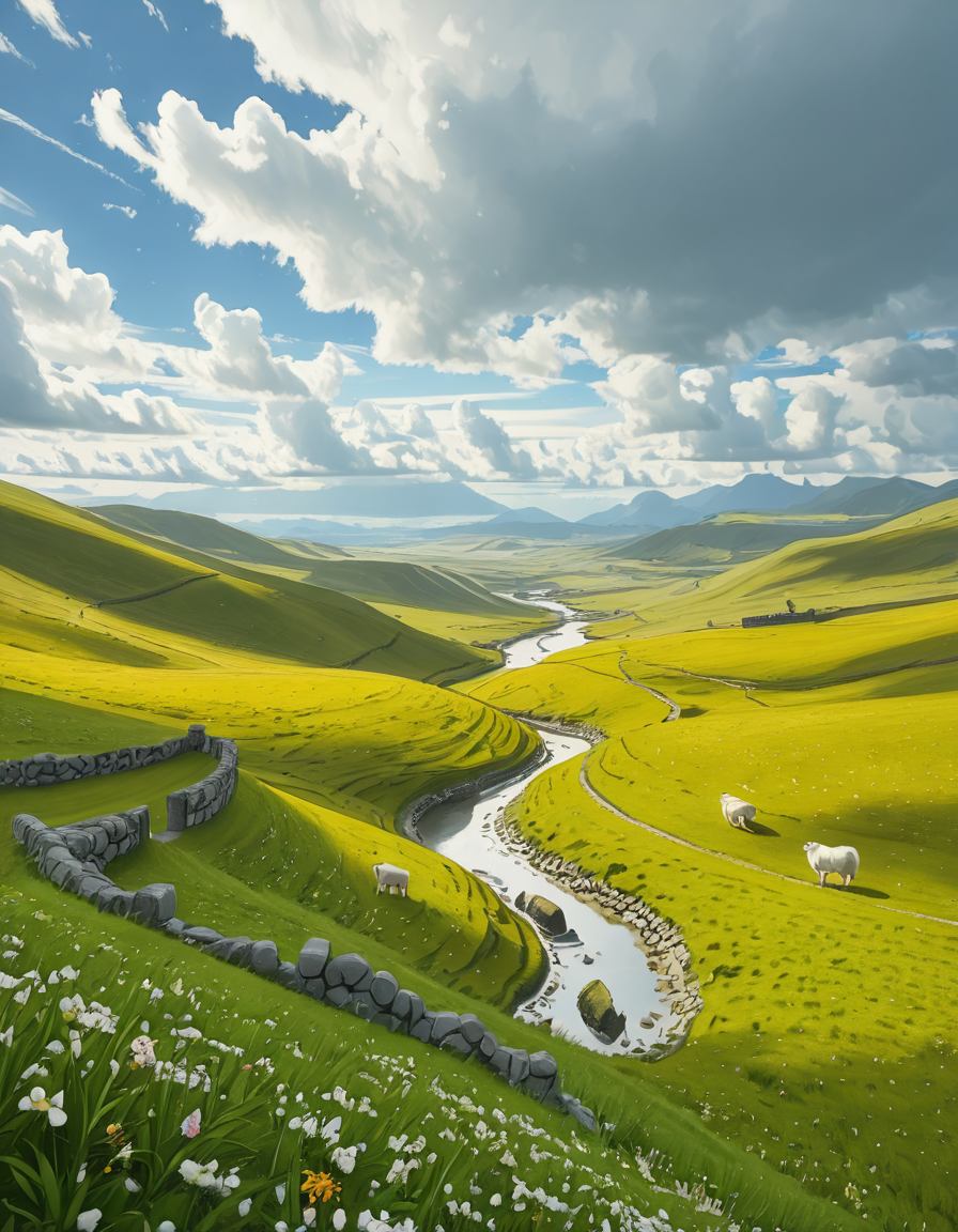 A breathtaking, high-resolution photograph of the rolling plains of Ireland, stretching endlessly under a vast, cloud-streaked sky. The landscape is a lush, vibrant green, with gentle hills covered in soft grass and dotted with scattered wildflowers. Ancient stone walls and winding dirt paths cut through the fields, marking old farmland boundaries. In the distance, a few solitary sheep graze peacefully, their white wool contrasting against the emerald grass. A small, clear river meanders through the valley, reflecting the soft light of the sky. The horizon is framed by low, misty mountains, adding depth and mystery to the scene. Above, the sky is a mix of bright blue and fluffy white clouds, casting dynamic shadows across the landscape as beams of sunlight break through. The atmosphere is serene, timeless, and rich with the natural beauty of the Irish countryside.
<lora:SDXLFaeTastic2400:0.4> <lora:extremely_detailed:0.4> extremely detailed,rolling plains of 1r3l4nd, <lora:rolling_plains_of_1r3l4nd-i:1>, Masterpiece,best quality,hi res,8k,hi res,8k,award winning,(sharp focus, intricate, highly detailed),