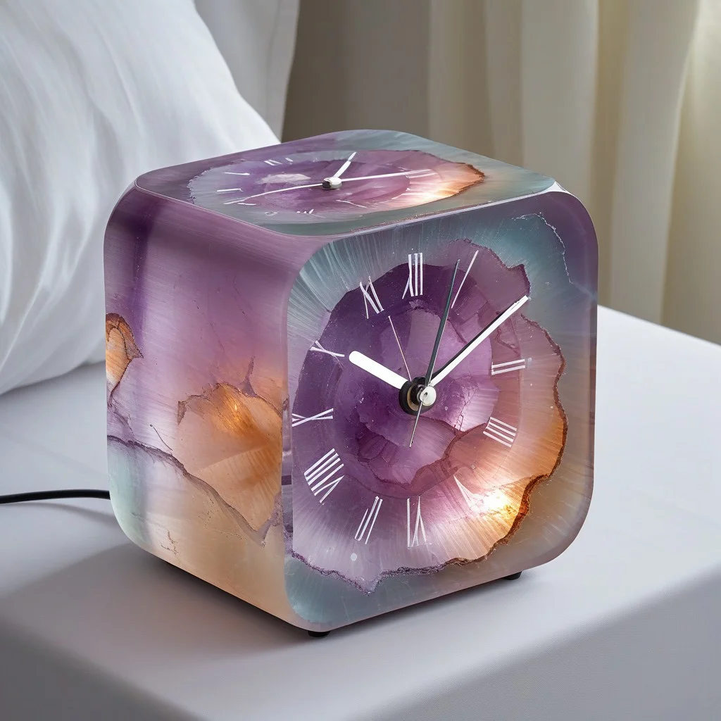 semi-realism, painterly, in focus,
side-table, bedside, bedroom,
[fluorite mineral], flu0rite alarm clock, iridiscent,
sound effects, bouncing jumping alarm clock