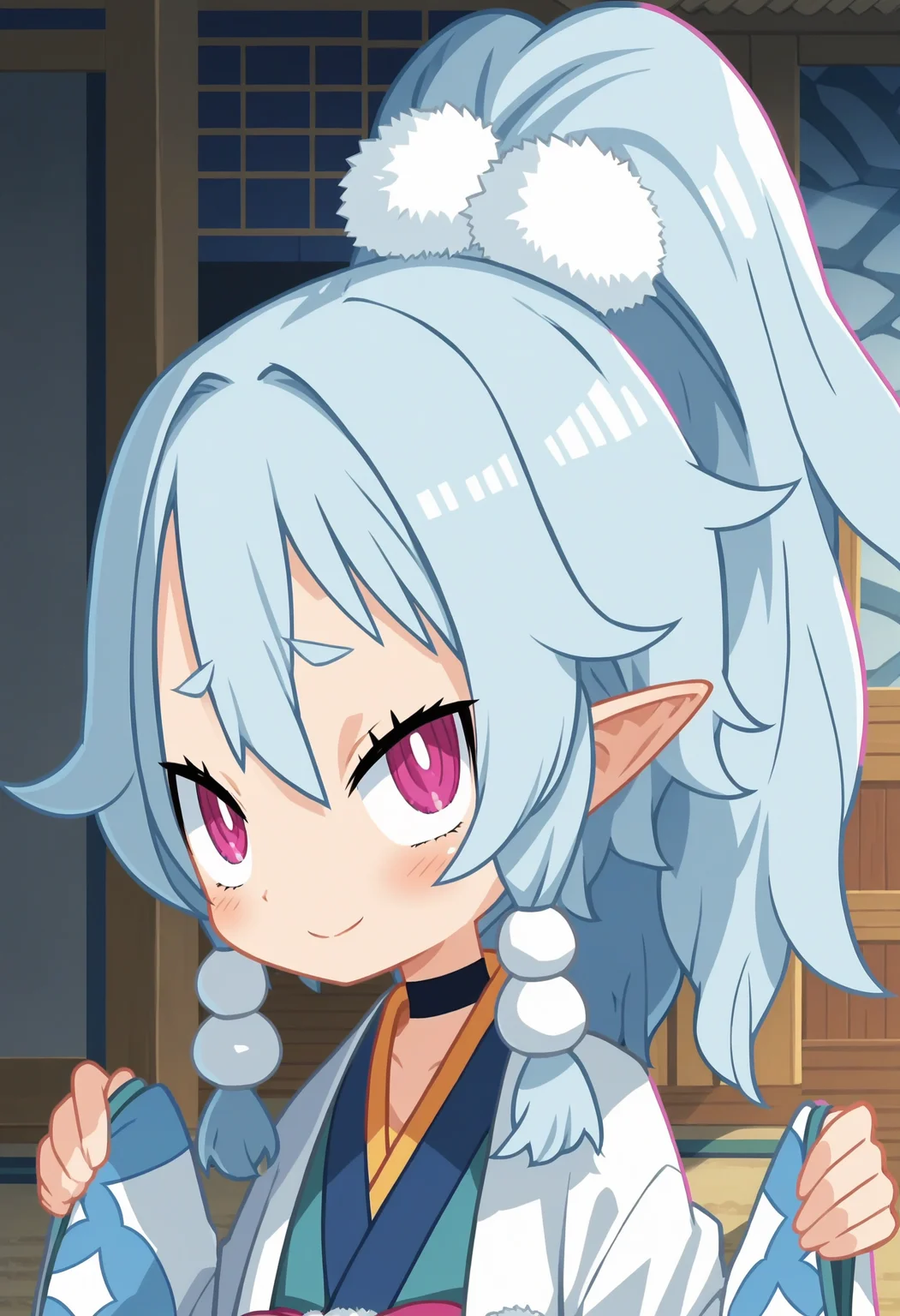 score_9, score_8_up, score_7_up, score_6_up, score_5_up, score_4_up , anime coloring ,BREAK source_anime, anime,screencap,
 1girl, solo, d7ao, ponytail, choker, kimono, sleeves past wrists, sash, <lora:PonyXL Disgaea7 Ao V1:1>
indoors, upper body, detailed background,
smile, looking at viewer,