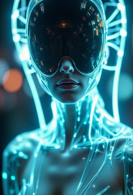 yfg-f@ce, Masterpiece, high-quality, hyper-detailed, refined details, best quality, high resolution, A figure partially obscured by a sleek, bioluminescent exosuit, only the bare neck and collarbone are visible, framed by the suits glowing contours, the suit emits a soft, pulsating light that highlights the exposed skin, background is blurred and suggests a high-tech urban environment, medium shot focusing on the exposed skin and the exosuits luminescence, Style is Cybernetic Exosuit Suggestion, focus on bioluminescent light and skin contrast, technologically sensual, sense of hidden form and futuristic allure.
