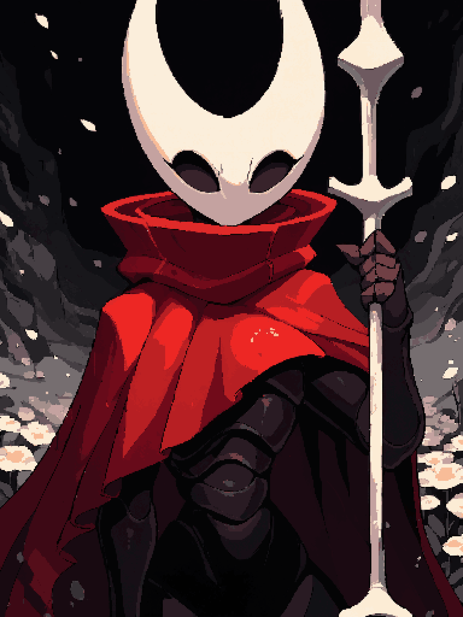 <lora:inkplasm:1.1> <lora:d3p1x3lXLP:1> d3p1x3l, pixel art, score_9, score_8_up, score_7_up, score_6_up, cave, white background, fog, petals, white flowers, front view, upper body, close-up BREAK
hornet \(hollow knight\), arthropod, exoskeleton, black body, white mask, looking at viewer, black eyes, empty eyes, serious, red cloak, holding weapon, holding spear, raised arm