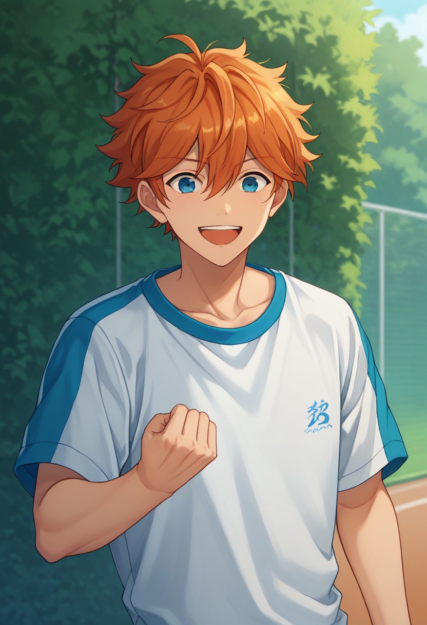 score_9, score_8_up, score_7_up, source_anime, highly detailed, 
subaruake, 1boyv, male focus, blue eyes, solo, smile, open mouth, orange hair, shirt, upper body, clenched hand,
sportswear, hair between eyes, casual costume,
outdoor,