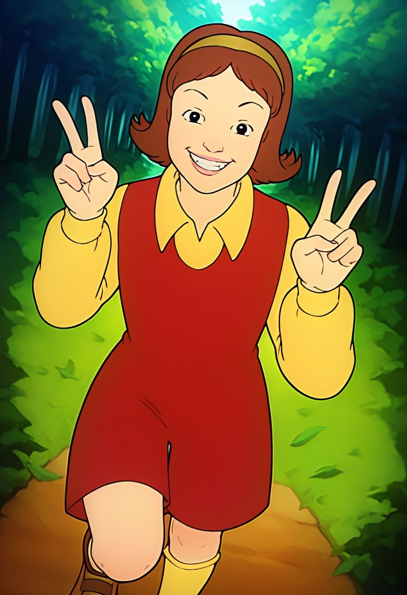 score_9,score_8_up,score_7_up,score_6_up, easynegative, negative_hand, source_anime,
forest, smiling, v, victory pose, teeth, grin, cowboy shot, looking at viewer, dutch angle, close-up view, front view
Phoebe Terese, 1girl, brown hair, short hair, hairband, black eyes, yellow shirt, collared shirt, long sleeves, red dress, yellow sock, brown footwear