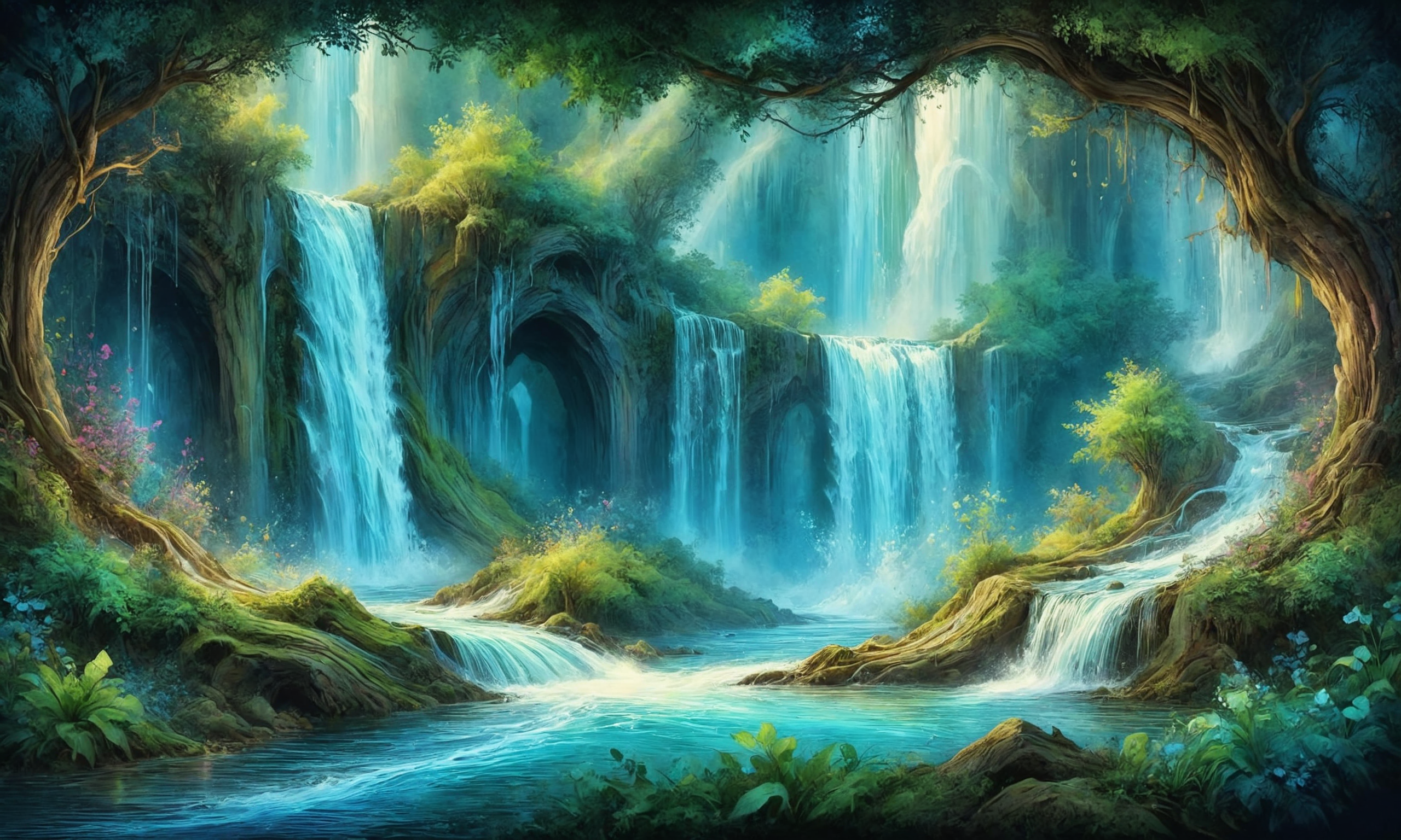 Beautiful detailed digital illustration of a Enchanted waterfall concealing magical entrance <lora:ParchartXL-1.5:0.7> on parchment, ink illustration, <lora:Rainbow_Style:0.6> , Volumetric lighting