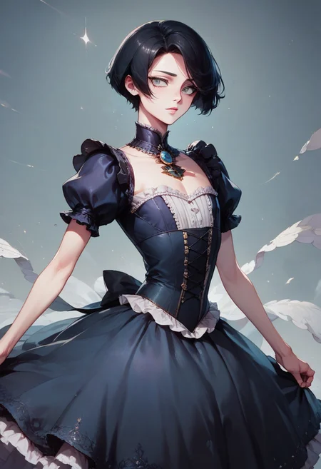 score_9, score_8_up, score_7_up, 1boy, femboy, otoko no ko, short hair, bob cut hair, black hair, grey eyes, gray eyes, feminine face, toned body, Shelly, victorian dress, highly detailed, intricate, zzCitronCAT, pose, modelshoot