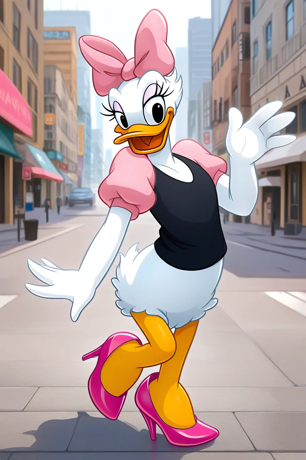 masterpiece, best quality, amazing quality, absurdres, daisyduck, 1girl, standing, white plumage, white feathers, orange legs, open mouth, waving, looking at viewer, happy, pink bow, puffy sleeves, short pink sleeves, black shirt, pink stiletto heels, outdoors, city, street