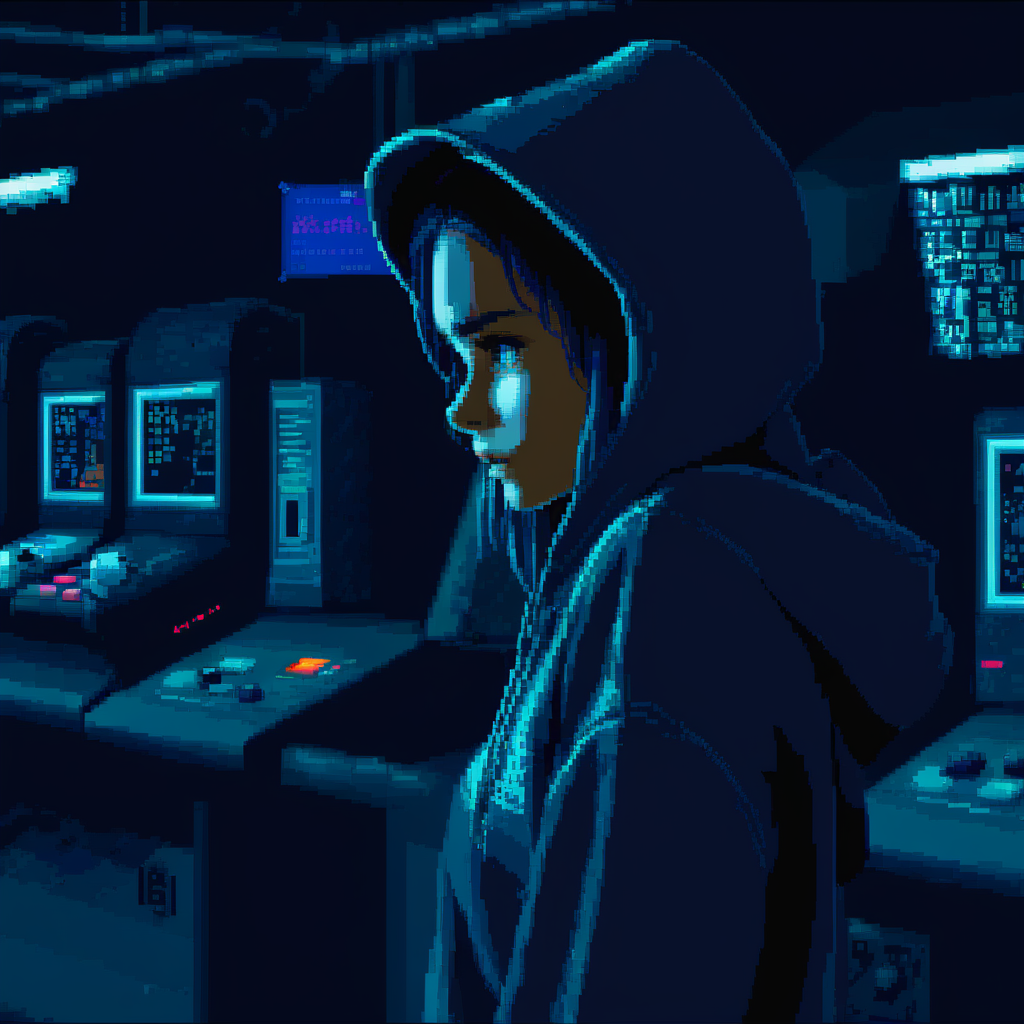 snes style,   girl with a hoodie side view, looking to the viewer,in a dark hi-tech lab   <lora:snesSDXLv3.1:1>