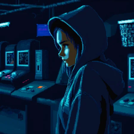 snes style,   girl with a hoodie side view, looking to the viewer,in a dark hi-tech lab   <lora:snesSDXLv3.1:1>