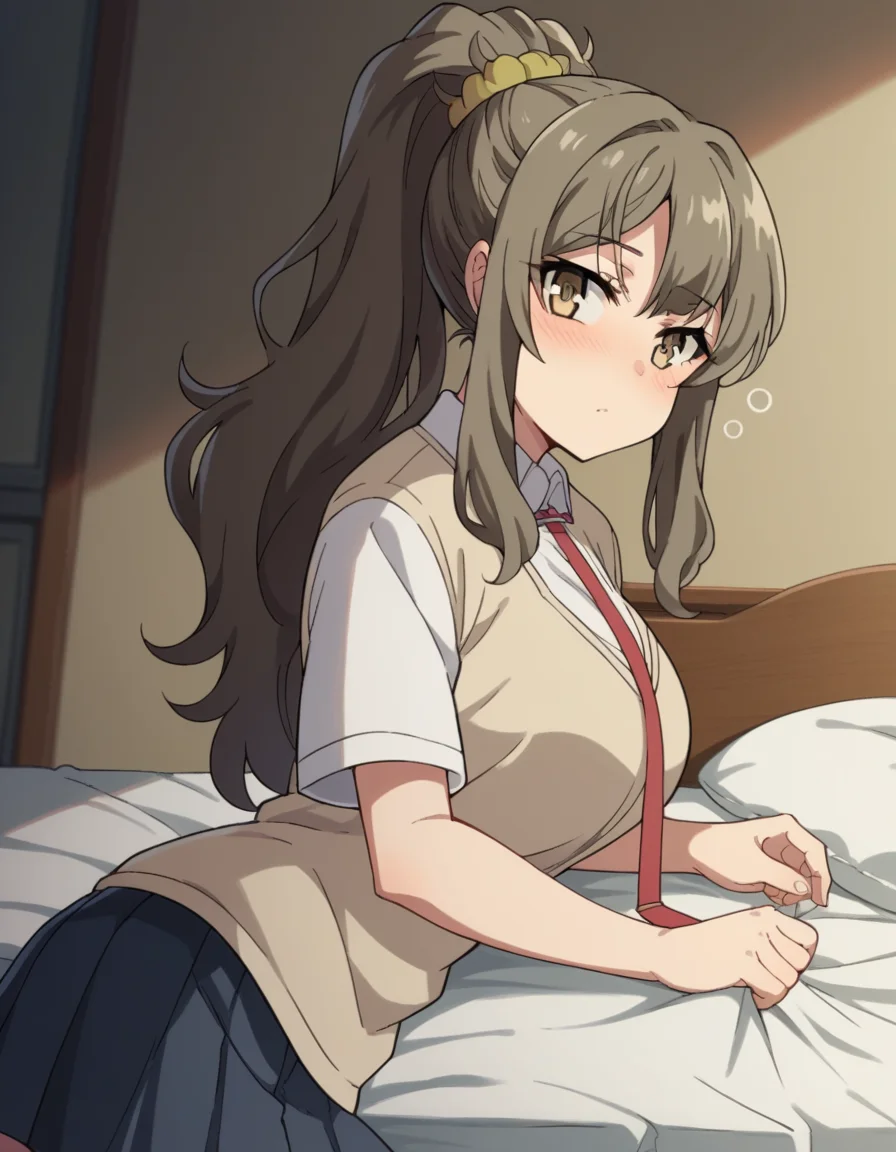 score_9, score_8_up, score_7_up, source_anime,
riofutaba, <lora:rio-futaba-s1-ponyxl-lora-nochekaiser:1>
rio futaba, long hair, brown hair, brown eyes, large breasts,
shirt, hair ornament, school uniform, white shirt, ponytail, short sleeves, necktie, scrunchie, red necktie, hair scrunchie, skirt, pleated skirt,
indoors, bed, bed room, on side, blush, drunk,
looking at viewer, cowboy shot, dutch angle, solo,