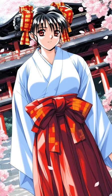 score_9, score_8_up, score_7_up, source_anime, rating_explicit, BREAK  <lora:Narusawa_Yui_XL:1> NarusawaYui, black hair, double bun, hair ribbon, plaid ribbon, medium breasts, red eyes, 
japanese white clothes, miko, red hakama, shrine, cherry blossom,
1990s (style)