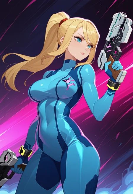 masterpiece, best quality, amazing quality, 1girl, solo,, <lora:afkArenaIllustrious:1>afkarenastyle,
samus aran, zero suit, holding gun, cowboy shot,