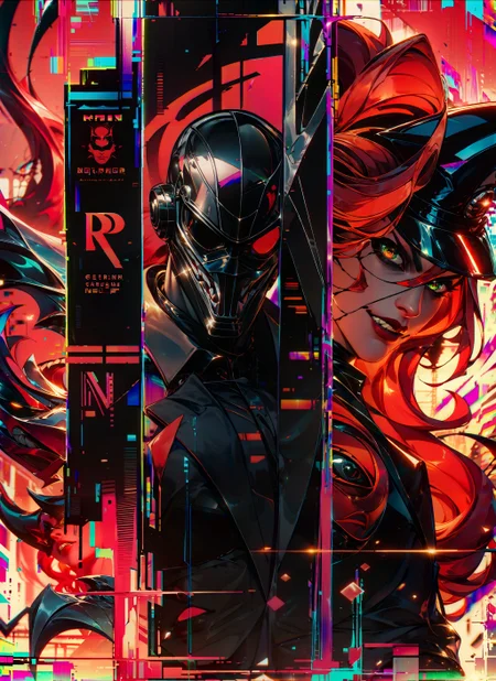 (score_9, score_8_up, score_7_up, thick lineart, sharp edges, cel shading, linear hatching, black and white comic-noir aesthetics, film noir atmosphere, high contrast, duotone, neon glitch art crimson and obsidian black), grim, dark ,