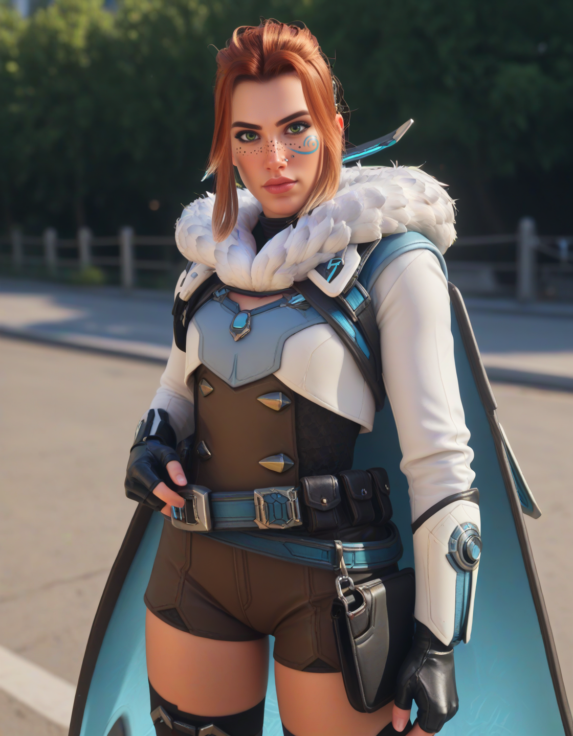 Stable_Yogis_PDXL_Positives )), <lora:frejaV2Pony:1> BREAK
ow2freja,1girl, solo, ,
vest, shorts, thighhighs, upper body, , belt, fingerless gloves, fur trim,cape, , outside,