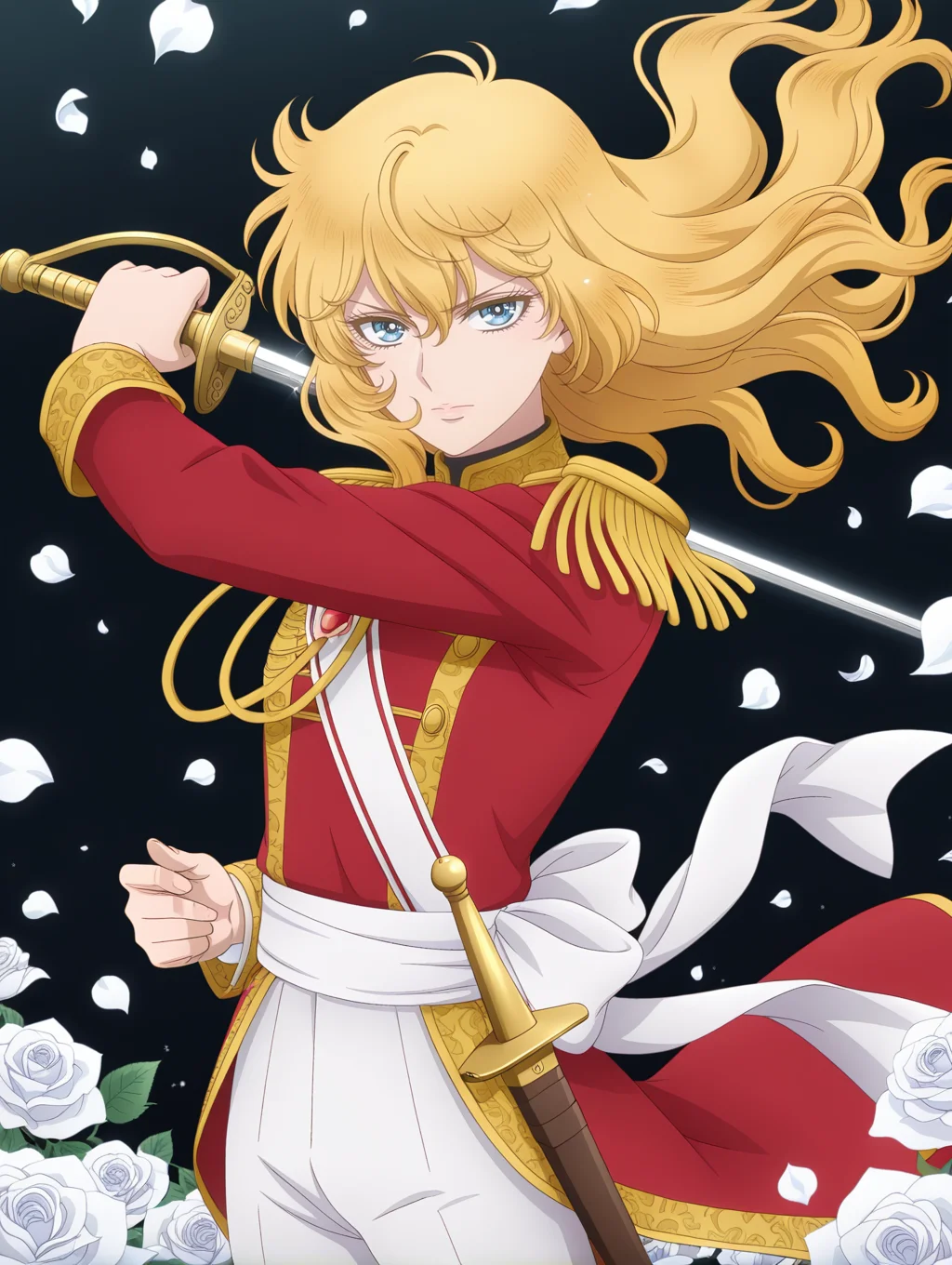 official tv style,anime coloring,oscar francois de jarjayes, 1girl, hand on hilt, rapier sheath, rapier, solo, white rose, sash, black background, looking at viewer, floating hair, white pants, red military uniform, traditional media, white petals, crossdressing, gold epaulettes, red coat, white brooch, white aiguillette
masterpiece,best quality,amazing quality,very aesthetic,absurdres,newest,<lora:oscar_francois_de_jarjayes illusXL v1:0.72>,
