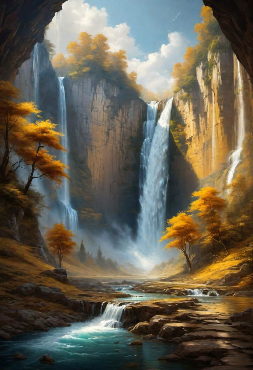 a landscape of a waterfall with gold water,
 masterpiece, highly detailed,
EdobHorrorLandscape,