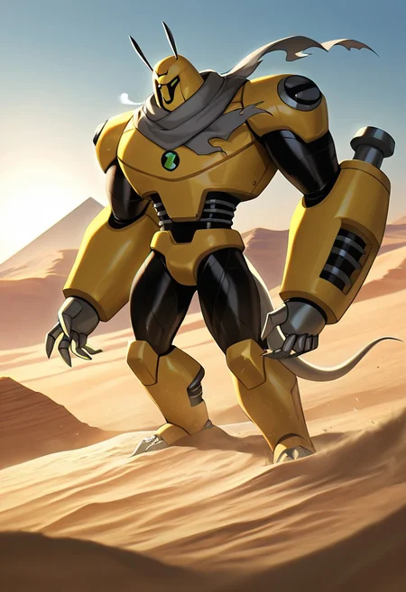 masterpiece, best quality, amazing quality, very aesthetic, absurdres, newest,, detailed background, 
armadrillo, robot, claws, yellow armor, grey tail, antennae, green eyes,  massive arms, yellow helmet, mecha
in desert, blowing winds, grey scarf, no badge, blowing wind, egyptian pyramid, sand dunes, grey hood, torn scarf, torn fabric, ,