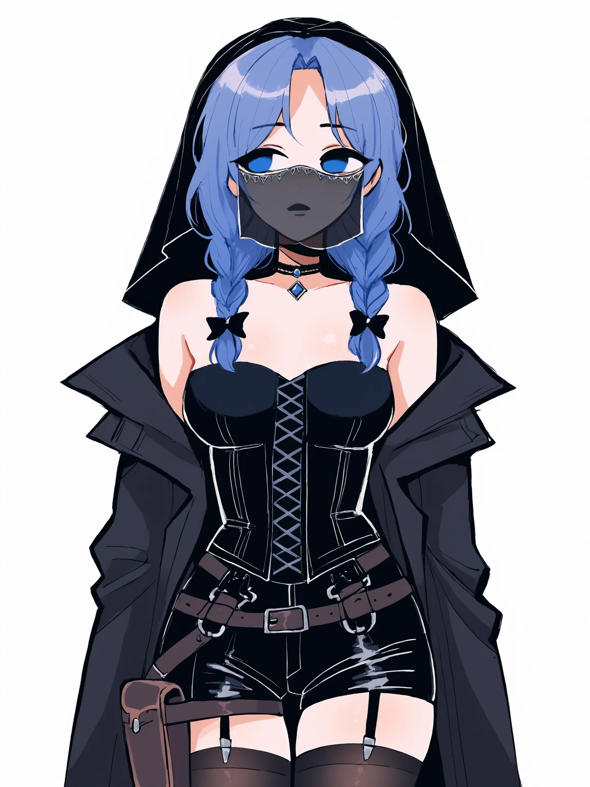 score_9, score_8_up, score_7_up, score_6_up, score_5_up, score_4_up,
BREAK
girl with blue hair, blue eyes, empty eyes, long hair, straight hair, bangs, mature female, black bow, hair bow, braided hair, black pupils, looking away,
BREAK
standing, medium breasts, black tank top, black shorts, black thighhighs, black fingerless gloves, black elbow gloves, strapless, garter straps, choker, (black coat:1.2), black veil, black mouth veil, black bridal veil, corset, (thigh holster:1.1),
BREAK
white background, <lora:Lunas-Megrocks-SDXL-A1:1>