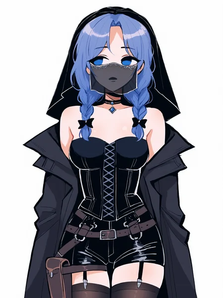 score_9, score_8_up, score_7_up, score_6_up, score_5_up, score_4_up,
BREAK
girl with blue hair, blue eyes, empty eyes, long hair, straight hair, bangs, mature female, black bow, hair bow, braided hair, black pupils, looking away,
BREAK
standing, medium breasts, black tank top, black shorts, black thighhighs, black fingerless gloves, black elbow gloves, strapless, garter straps, choker, (black coat:1.2), black veil, black mouth veil, black bridal veil, corset, (thigh holster:1.1),
BREAK
white background, <lora:Lunas-Megrocks-SDXL-A1:1>