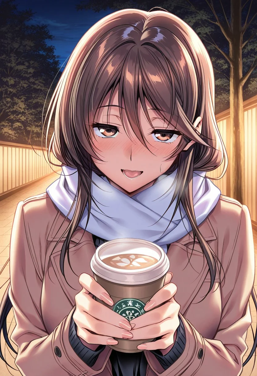 general,highres, ultra-detailed,very aesthetic,best quality ,best hands,masterpiece, best quality, newest, highres, score_9, score_8_up, score_7_up, source_anime, rating_explicit,1girl, yokota mamoru style,motion lines,Very straight nose,slim,slender face,perfect nose,torogao,seductive smile,looking at the viewer
Ichinose Honami,Brown hair, hair Parted to Side, Sidehair, Spiky Bangs, Waist Length hair,long hair,amber eyes,slim
1girl, solo, brown eyes, scarf, long hair, anime coloring, brown hair, cup, smile, tree, open mouth, night, coat, black hair,night,weak light,Holding milk tea