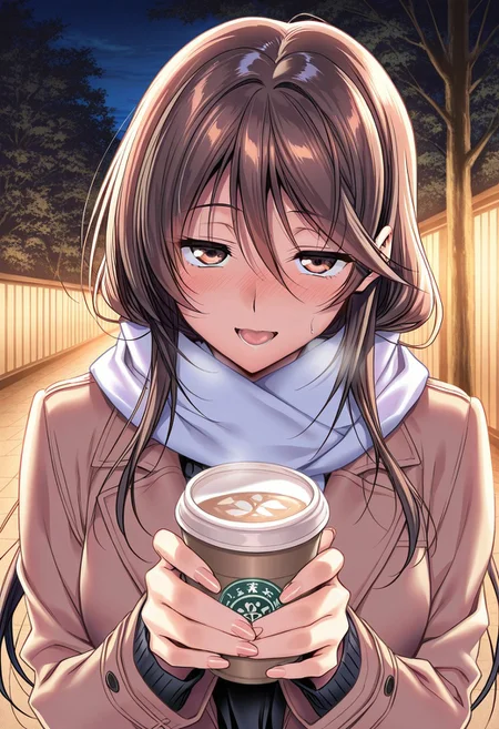 general,highres, ultra-detailed,very aesthetic,best quality ,best hands,masterpiece, best quality, newest, highres, score_9, score_8_up, score_7_up, source_anime, rating_explicit,1girl, yokota mamoru style,motion lines,Very straight nose,slim,slender face,perfect nose,torogao,seductive smile,looking at the viewer
Ichinose Honami,Brown hair, hair Parted to Side, Sidehair, Spiky Bangs, Waist Length hair,long hair,amber eyes,slim
1girl, solo, brown eyes, scarf, long hair, anime coloring, brown hair, cup, smile, tree, open mouth, night, coat, black hair,night,weak light,Holding milk tea