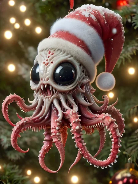 ral-chrcrts, creepy octupus in the ocean christmas ornament with a santa hat on <lora:ral-chrcrts-sdxl:1>