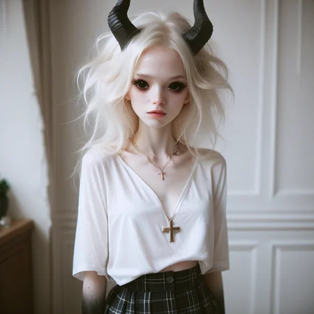 score_9_up, score_8_up, score_7_up,
1girl, solo, <lora:bdemonpony011:1>, colored skin, pale skin, white skin, black hands, black feet, pitch black eyes, monster girl, skinny, anorexic, slim, horns, white hair,
chain necklace, cross necklace, bracelets, white shirt and plaid skirt,
indoors, dark black room, music decorations, 80's punk style, solo, <lora:Skin Color_alpha1.0_rank4_noxattn_250steps:-1.5>