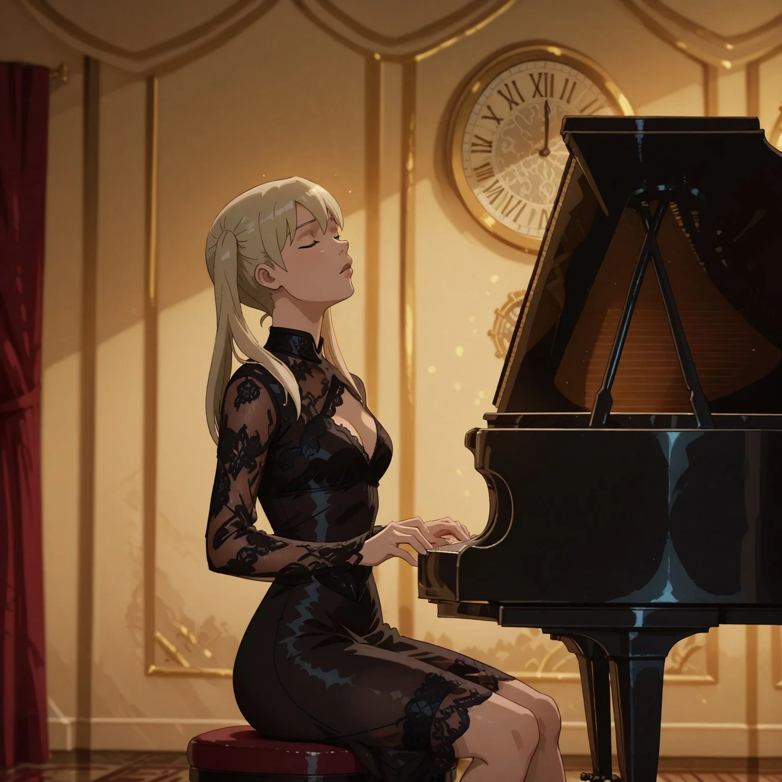 safe_pos, angle, (motion lines:0.3), (motion blur:0.3), maka albarn, soul eater,1girl, green eyes, blonde hair, long hair, twintails, focused expression, (facing piano:1.5), sitting on piano stool, playing grand piano, cowboy shot,sunset, closed eyes, head back, dramatic composition, colorful,nlcob dress, black dress, cleavage cutout, see-through, lace,hands, accurate anatomy,  focused, indoors, dynamic light, velvet theme, from side, vibrant colors,  soft focus, high contrast, fancy room, curtains, textured surfaces, depth of field, dramatic shadows, rich details, vintage clock, nature-inspired color palette, dynamic angle,  dynamic light,background,volumetric lighting,
night scene, professional lighting, ambient lighting, soft shadows, clear composition, detailed environment, solo_focus, masterpiece, best quality, very aesthetic, absurdres, newest,748cmstyle,ultsm99,