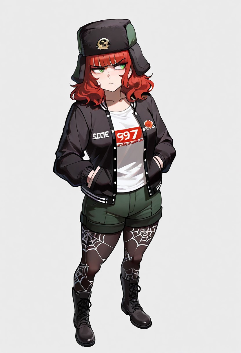, (score_9, score_8, score_7), masterwork, masterpiece, best quality, beautiful face, detailed face, beautiful eyes, detailed eyes, cassidy01,1girl, red wavy hair, shoulder-length hair, blunt bangs, green eyes, pale skin, black ushanka hat with green ear flaps, golden emblem on hat, white t-shirt, black and white varsity jacket, dark green shorts, black pantyhose with spiderweb pattern, black combat boots with red shoelace,  hands in pockets, pouting, puffed cheeks, annoyed expression, looking to the side, standing, closed mouth, displeased face